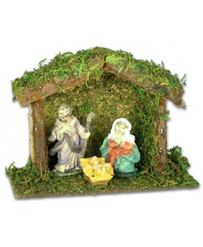 BANBERRY DESIGNS Nativity Scene with Wood Stable Mary Joseph Baby Jesus Creche – Manager Scene Starter Set for Children