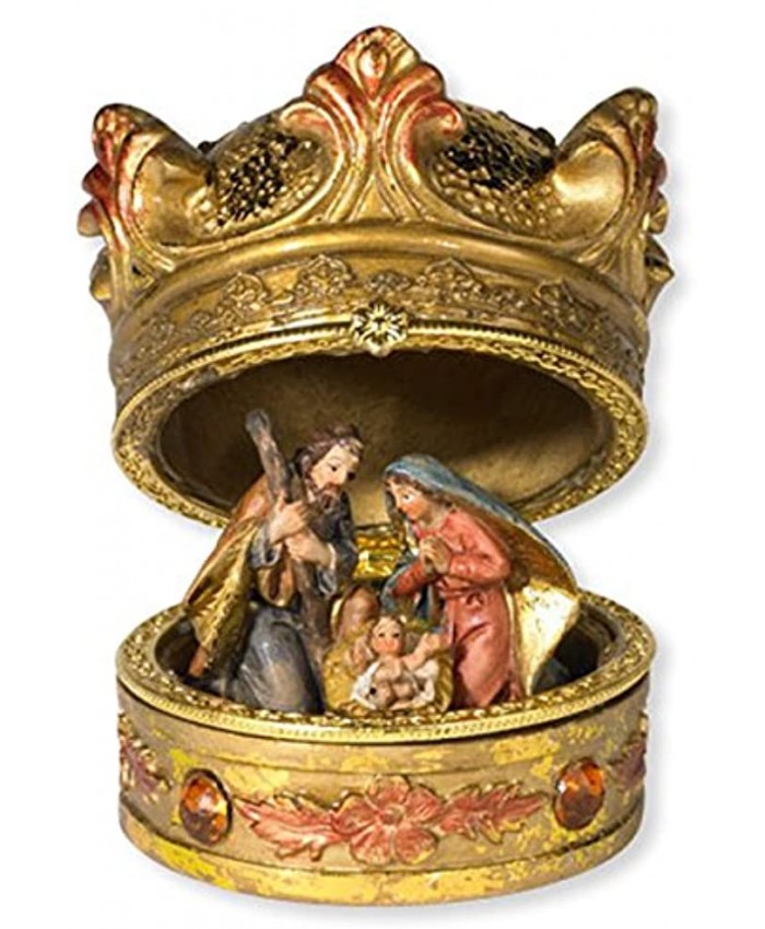 Christmas Decorations Gold-Toned Hinged Crown Nativity Scene Box 3 Inches