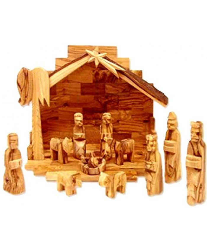 Holy Land Market Olive Wood Miniature Set with Stable 12 Pieces Bark Roof Stable
