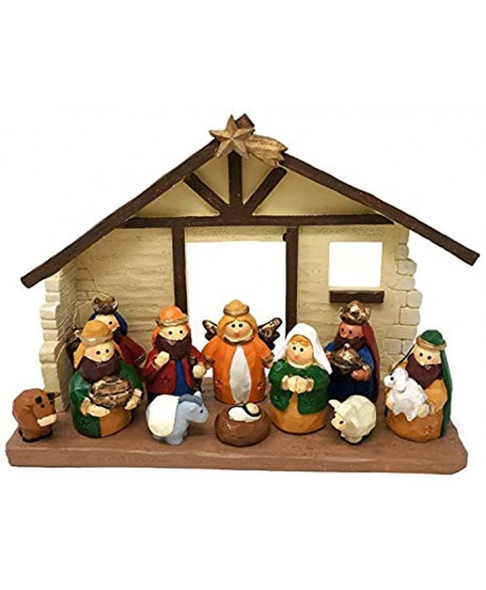 One Holiday Way 8-Inch Medium Rustic Colorful Kids Christmas Nativity Scene with Creche Set of 12 Figures Small Mini Decorative Religious Figurines Christian Tabletop Desk Office or Home Decor
