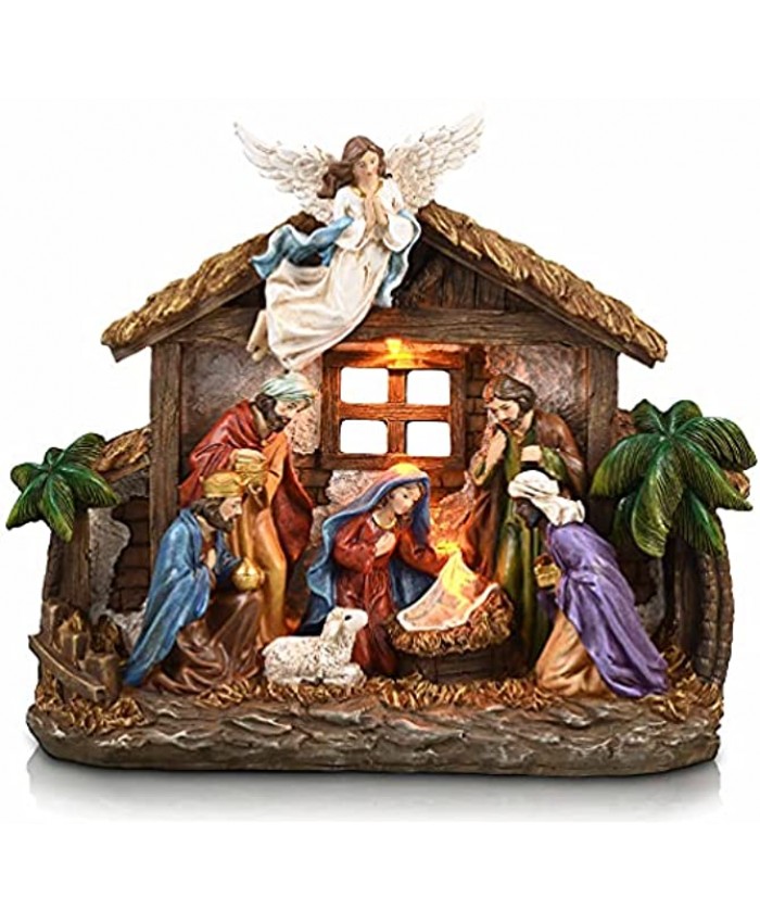 Valery Madelyn Christmas Nativity Figurines with LED Lights Large Holy Family Nativity Scenes Resin Manger for Christmas Indoor Home Table Fireplace Holiday Decorations 10.6 Inch Tall