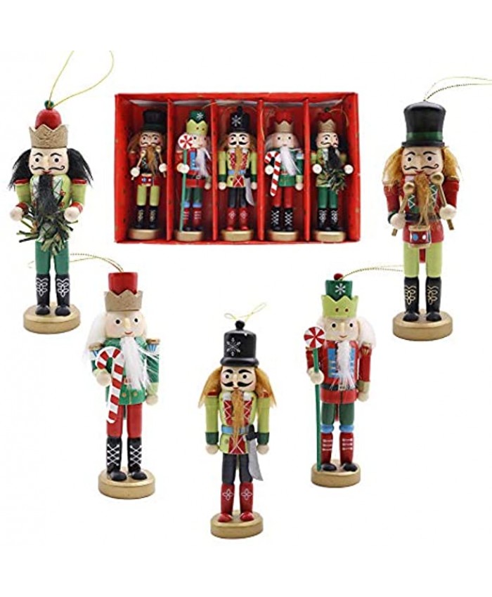 AMOR PRESENT Christmas Nutcracker Ornaments Set 5PCS Wooden Nutcracker Soldier Hanging Decorations for Christmas Tree Figures Puppet Toy Gifts