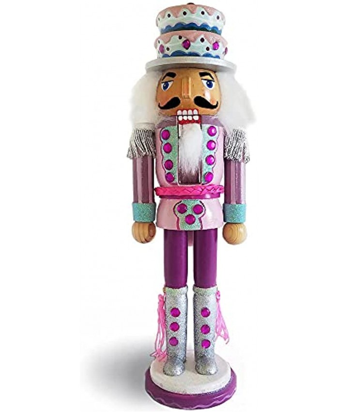Christmas Holiday Wooden Nutcracker Figure Soldier with Pink Teal and White Uniform Jacket Cupcake Hat Silver Boots & Silver Tassels with Sparkle Rhinestone Details Large Exclusive 12 Inch