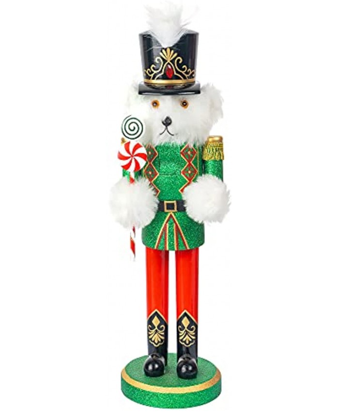 FUNPENY 14" Christmas Decorative Nutcracker Figures Wooden White Bear Wear Green Uniform Hold Candy Festive Collectible Nutcracker Gift for Indoor Winter Table Desktop Fireplace Decorations