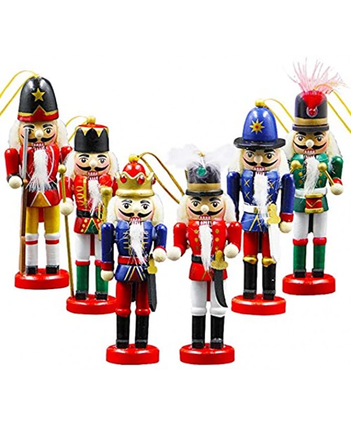 Joliyoou Wooden Christmas Nutcracker 6 Pcs Mini Soldier Figurines 5.1 inch Nutcracker Ornaments for Xmas Gifts
