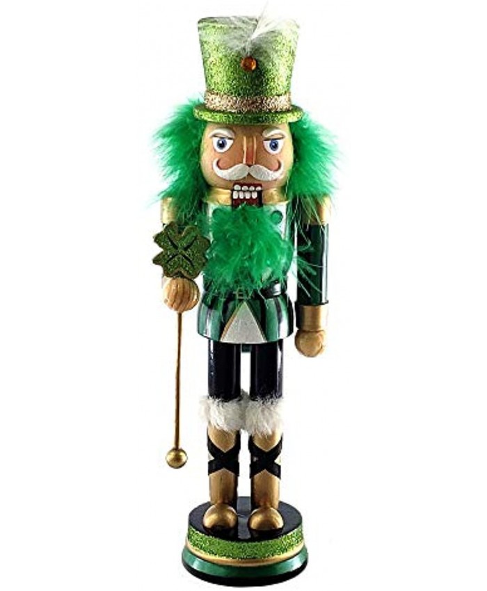St. Patrick’s Day Holiday Irish Wooden Nutcracker Figure Soldier Doll with Traditional Green & Black Uniform Jacket Shamrock Staff Green Top Hat with Glitter & Faux Fur Details Large 12 inch