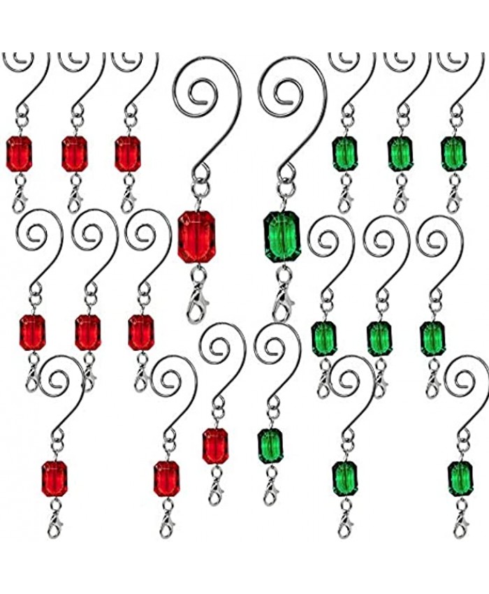 BANBERRY DESIGNS Christmas Ornament Hooks Set of 20 Red and Green Acrylic Jewels Silver Wire Ornament Hangers Decorative Scroll S-Hook with Lobster Claws Holiday Seasonal Decorations