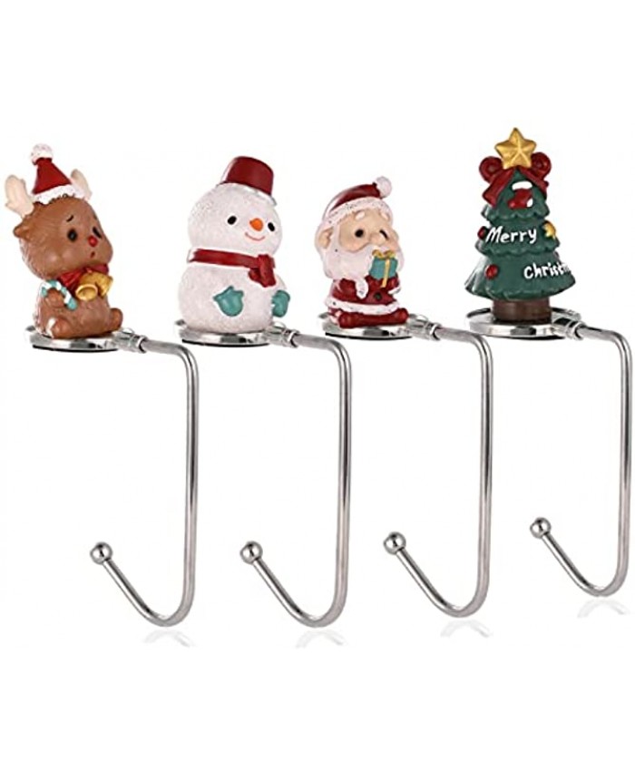 Christmas Stocking Hangers for Mantel Set of 4，Christmas Stocking Holders for Fireplace Reindeer Xmas Tree Snowman Santa Mantel Hooks Stocking Hanger for Christmas Party Decoration