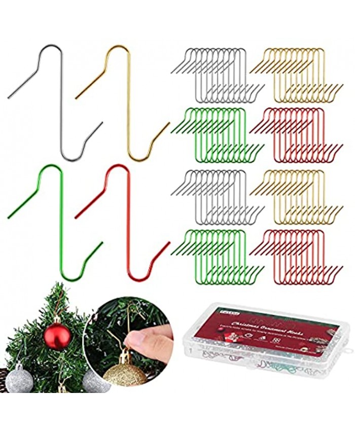 Fovths 240 Pieces Hooks for Christmas Tree Decorations 1.57 Inches Xmas Tree Hangers Metal S-Shaped Hooks for Christmas Weddings Party Decorations Gold Silver Red Green