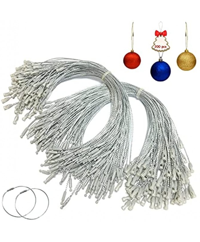 MianBiz 200pcs Silver Ornaments Hooks,Christmas Tree Ornaments Hanger String,8" Shiny Metal Texture Polyester Wire Rope with Snap Fastener,for Christmas Tree Decoration Hanging
