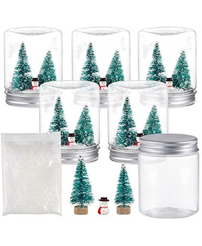Auihiay 6 Pack Clear Plastic Snow Globes Kit with Artificial Mini Christmas Trees Snow Flakes Snowman for DIY Snow Globes Craft Christmas Decoration