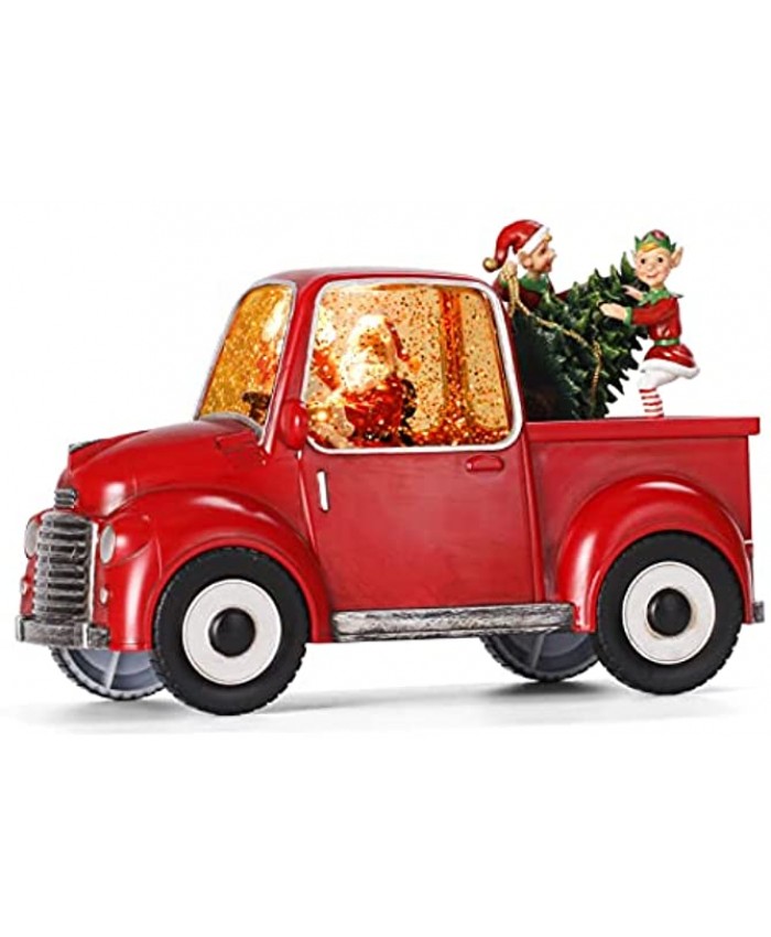 Christmas Musical Red Truck Decor Vintage Santa Claus in Truck Lighted Snow Globe Lantern Spinning Water Glittering Tabletop Decoration for Christmas Home Decor and Gift