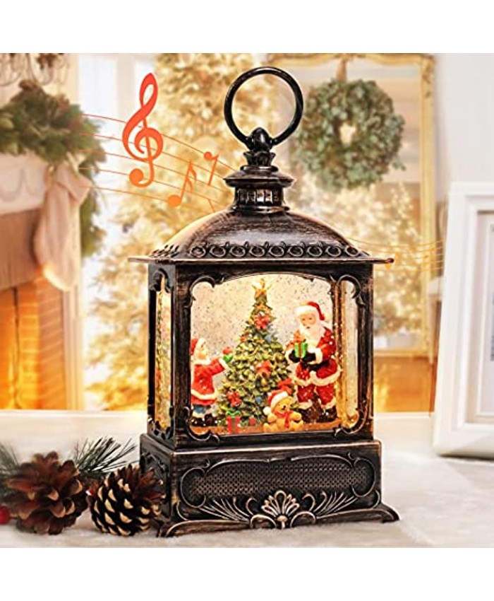 Christmas Musical Snow Globes Water Lantern Snow Globe Swirling Glitter Lighted Snow Globe Lantern Snowglobe with Santa for Home Decoration Gift 6H Timer USB Battery Operated Glitter Globe 8 Songs