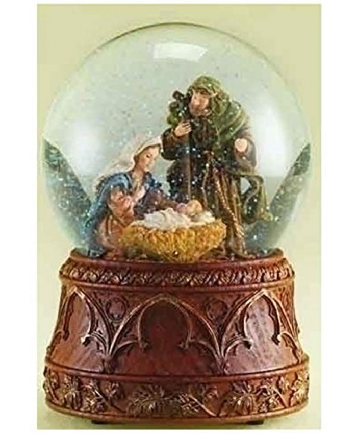 Christmas Nativity 120MM Musical Snow Globe Glitterdome with Carved Wood Base Plays Tune O'Holy Night