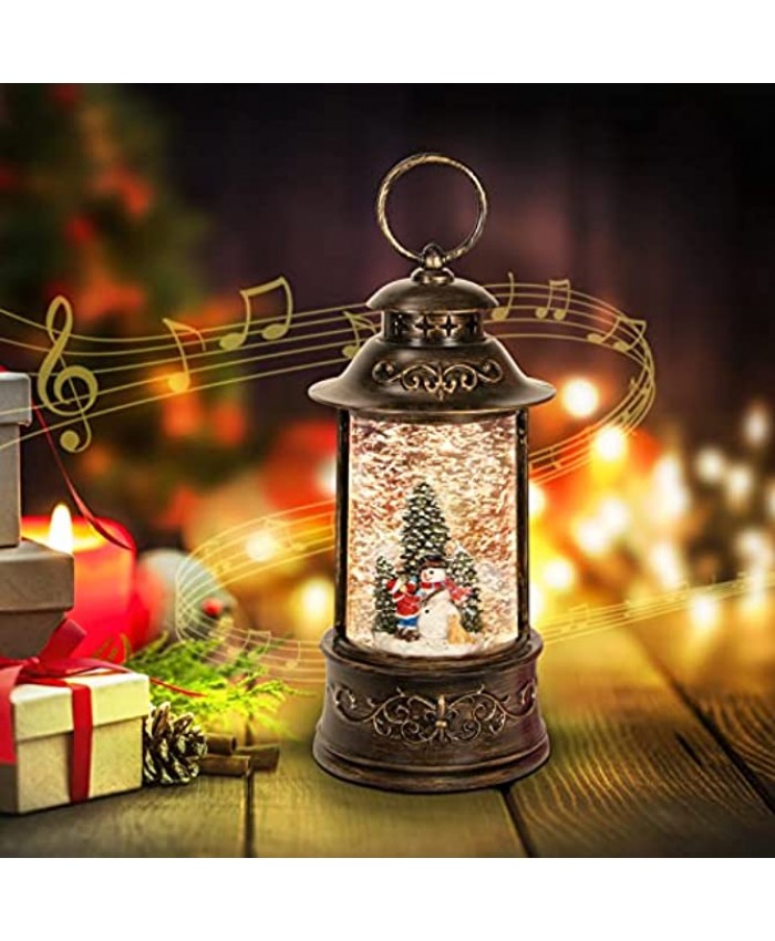 Vintage Christmas Snow Globes,6H Timer Glitter Water Globe ,Christmas Music Box with 8 Songs,cyliner Lantern with Xmas Tree Snowman Decorations for Kids