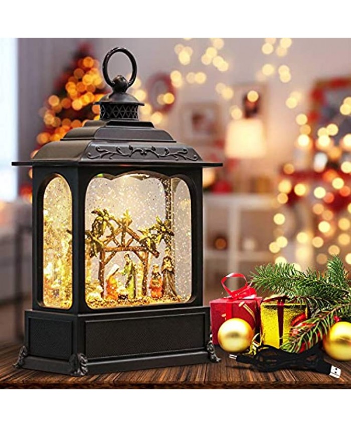 Wondise Christmas Musical Snow Globe Lantern with 6 Hour Timer 11.2 Inch USB Cord & Battery Operated Spinning Water Glitters Lighted Singing Snow Globe Lantern Christmas Nativity