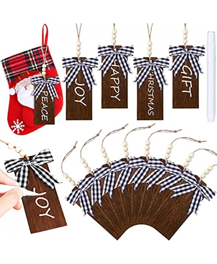12 Pieces Christmas Stocking Name Tags Personalized Stocking Tag Rustic Country Stocking Tag Farmhouse Xmas Hanging Tag with Wood Bead White Black Buffalo Plaid Bow for Winter Decor Natural Style