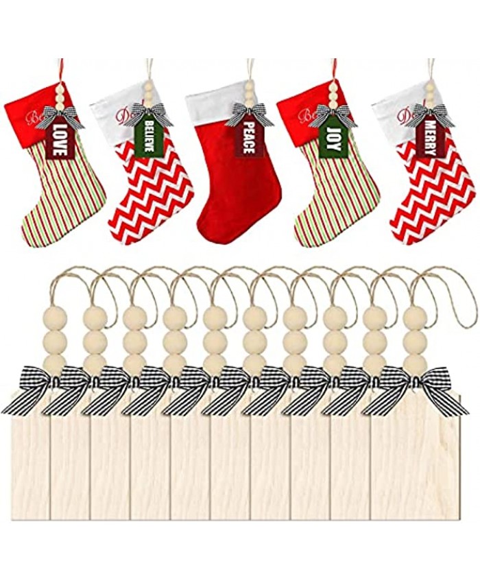 15 Pieces Christmas Stocking Name Tag Personalized Stocking Wood Tags Blank Rustic Farmhouse Xmas Stocking Hanging Tag with Wood Beads and Buffalo Check Bows for Xmas Tree Natural Color