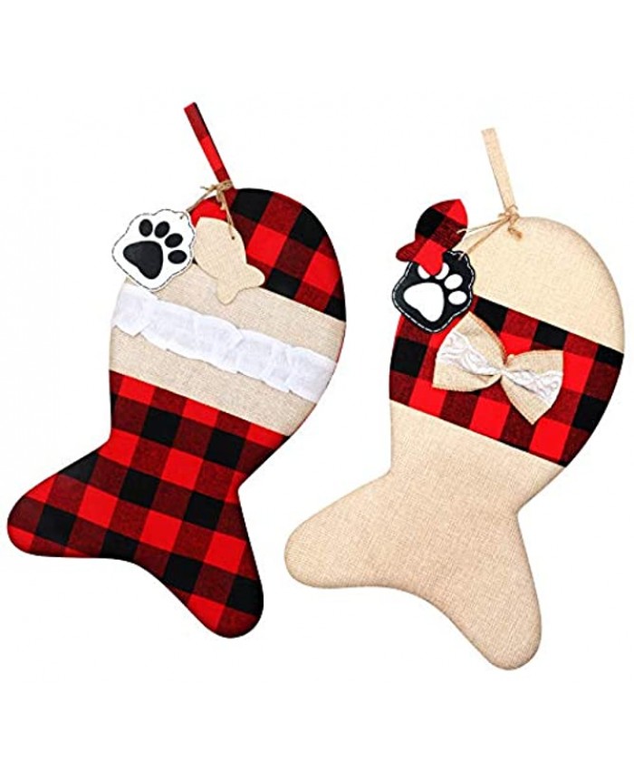 2 Pieces Burlap Pet Christmas Stockings Buffalo Plaid Large Fish Shaped Bow Pets Christmas Stockings for Christmas Tree Home Party Decorations