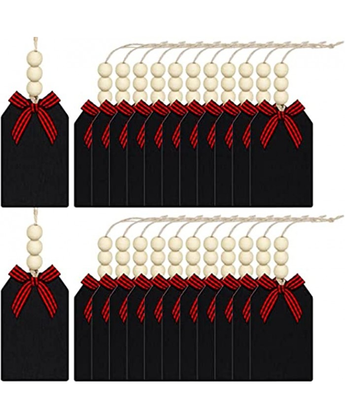 24 Pieces Christmas Wood Stocking Name Tags Buffalo Plaid Row Stocking Tags with Rope and Wooden Beads Mini Hanging Chalkboard Tags for Christmas Home School Supplies Red Black