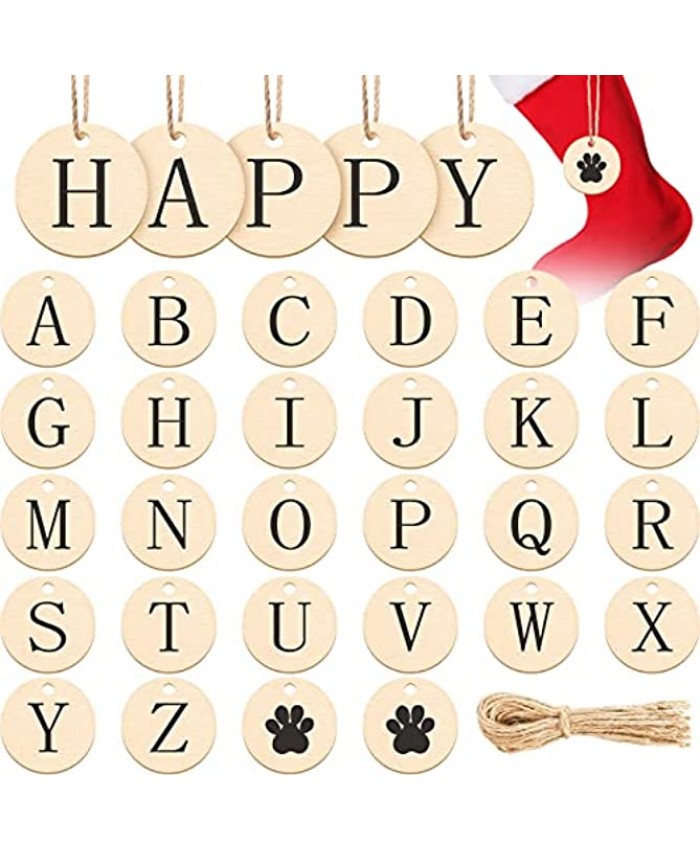 28 Pieces Christmas Stocking Tags Wood Stocking Name Tags Wood Tags Unfinished Wood Pendant Tags Personalized Hanging Stocking Tags Initial Ornaments for Christmas Decorations