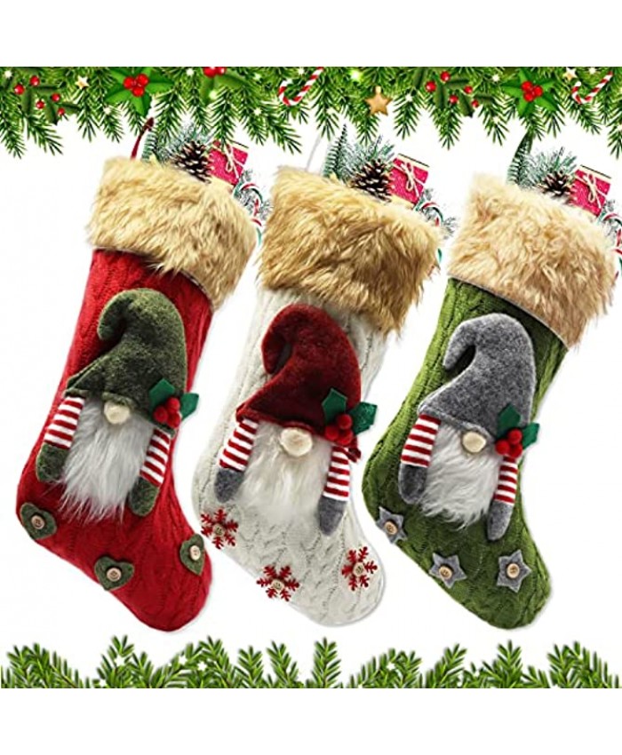 3 Pack Christmas Stockings 18 Inch Large Size Cable Knitted Stockings  3D Gnomes Santa Personalized Christmas Stockings Ivory White Green and Red  Xmas Christmas Holiday Decorations and Gifts