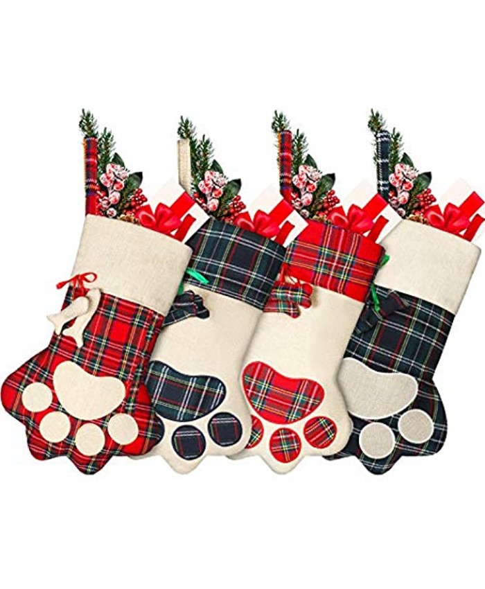 4 Pieces 16 Inch Christmas Plaid Stockings Pet Paw Stockings Buffalo Check Xmas Fireplace Hanging Stockings for Christmas Decorations
