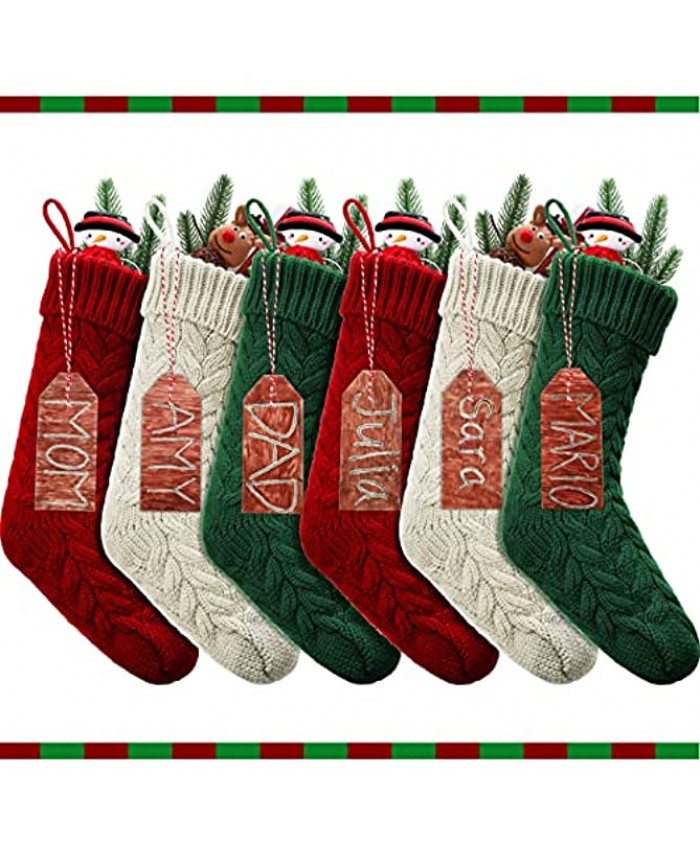 6 Pieces Christmas Stocking Knitted Stocking White Red Green Cable Knit Xmas Stocking and 15 Pieces Wooden Tags Small Wood Pieces Blank Unfinished Wood Cutout with Rope for Family Holiday Season Decor