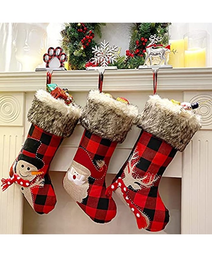 AerWo Christmas Stockings Large 18 inches Buffalo Plaid Red and Black Buffalo Check Christmas Stocking,3Pcs Farmhouse Christmas Stocking Stuffers with Plush Faux Fur Cuff for Christmas Decorations