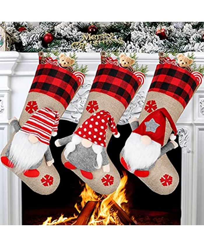 Aiduy Christmas Stockings 18" Large Size Plush Swedish Gnome Santa 3 Pieces 3D Stylish Christmas Decorations Classic Home & Party Accessory Hanging Gift Candy Bags for Family Holiday