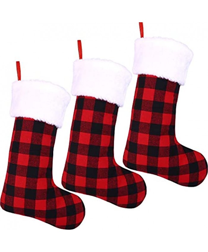 ANECO 3 Pack Christmas Stockings 18 Inches Black Red Buffalo Plaid Christmas Stockings with Plush Faux Fur Cuff for Holiday Home Decorations