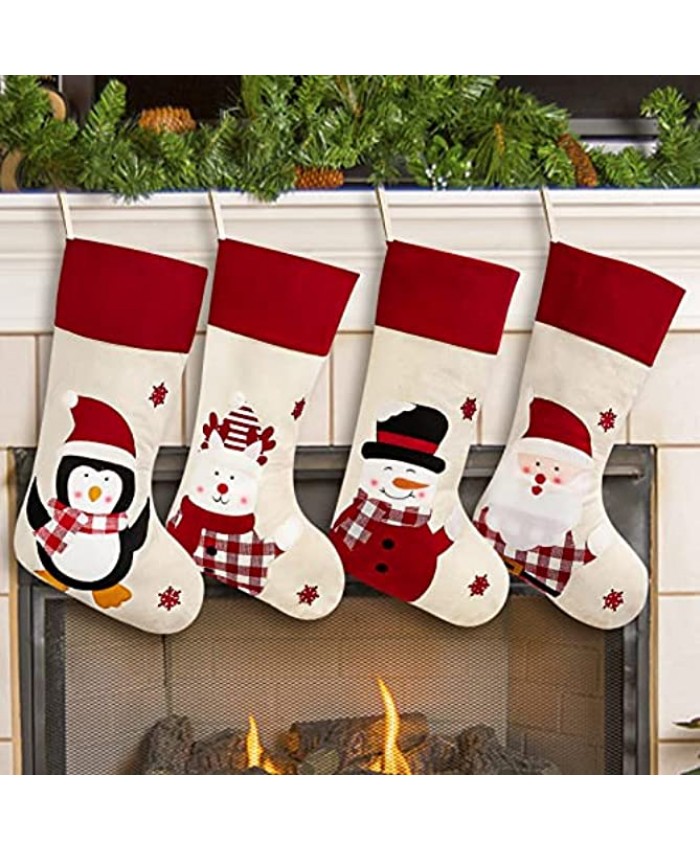 Angelhood Christmas Stockings 4 Pack 18.5" Large Christmas Stockings Decorations Santa Claus Snowman Penguin Bear Character with Hanging Loop for Family Christmas Decoration