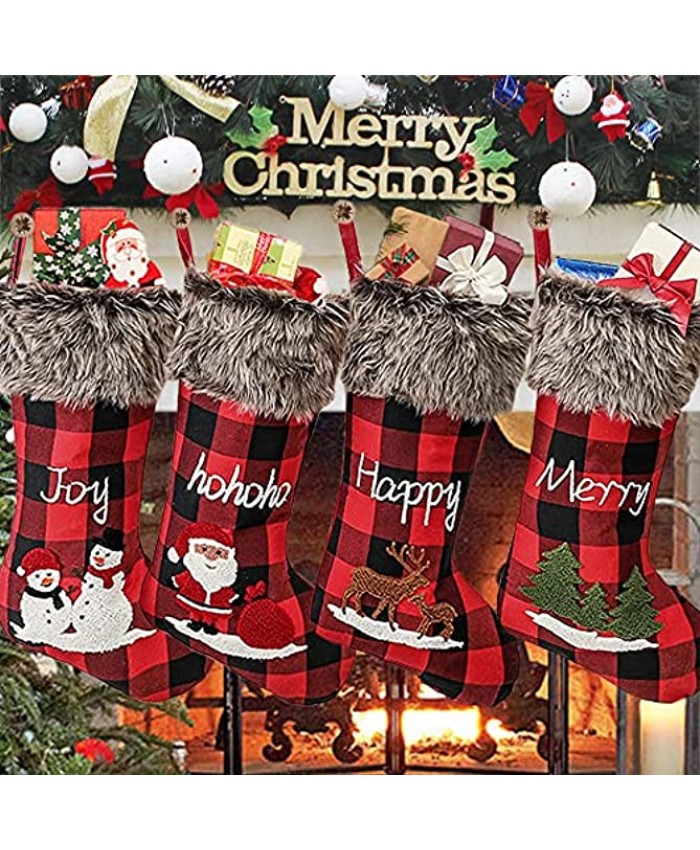 AtRenty Christmas Stockings Large 18 inches 4 Pcs Kits Xmas Stockings Burlap with Large Plaid and Plush Faux Fur Cuff for Family Holiday Party Decorations