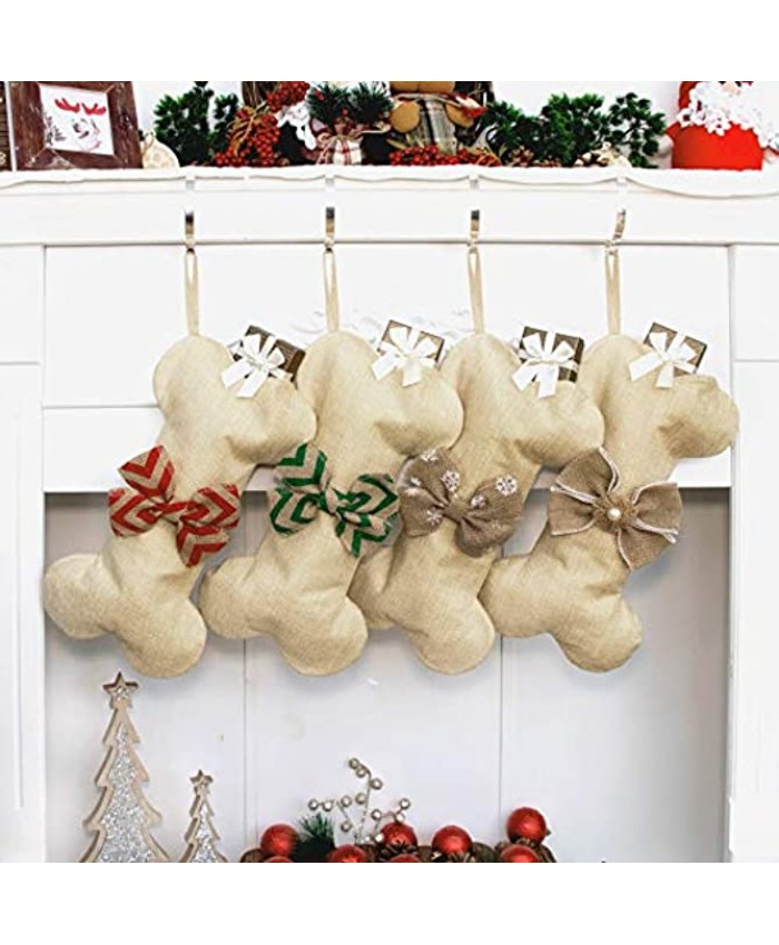 Beyond Your Thoughts New Linen Dog Bone Christmas Stockings for Pet Jute Natural Burlap Holidays-16 inches x 8 inches 1# Red Bowknot 1 Pack