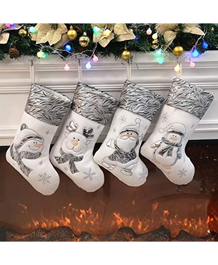BSTAOFY Christmas Stockings Set of 4 Soft Non-Woven Patterned Santa Claus Animals Socks for Assorted Xmas Tree Hanging Decor Party Ornaments Gifts Kids Silver
