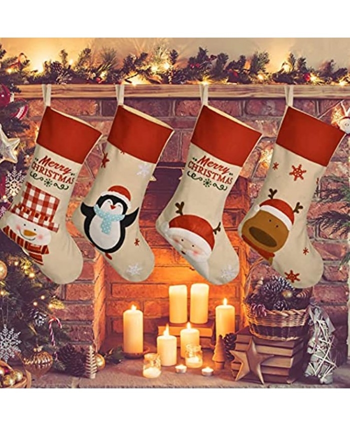 Bstge 4 Pack Christmas Stockings Personalized 22" Large Xmas Stockings Decorations Snowman Penguin Santa Reindeer for Family Holiday Christmas Party Decor