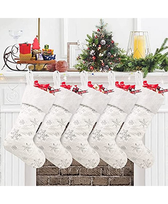 CARAKNOTS White Christmas Stockings Set of 5 Large Faux Fur Silver Snowflake Stockings Christmas Decoration Xmas Holiday Fireplace Hanging for Family Kids