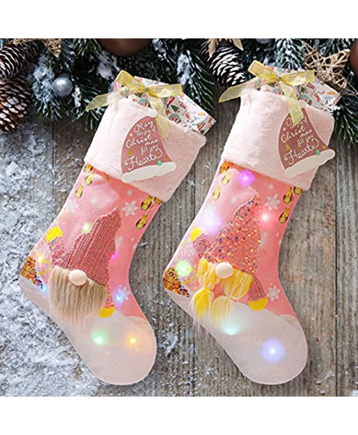 Christmas Stocking 2 Pack,18.7 inch 3D Gnomes Santa with LED Lights Christmas Stockings Fireplace Hanging Stockings for Family Christmas Decoration Xmas Character Holiday Party Decor Pink