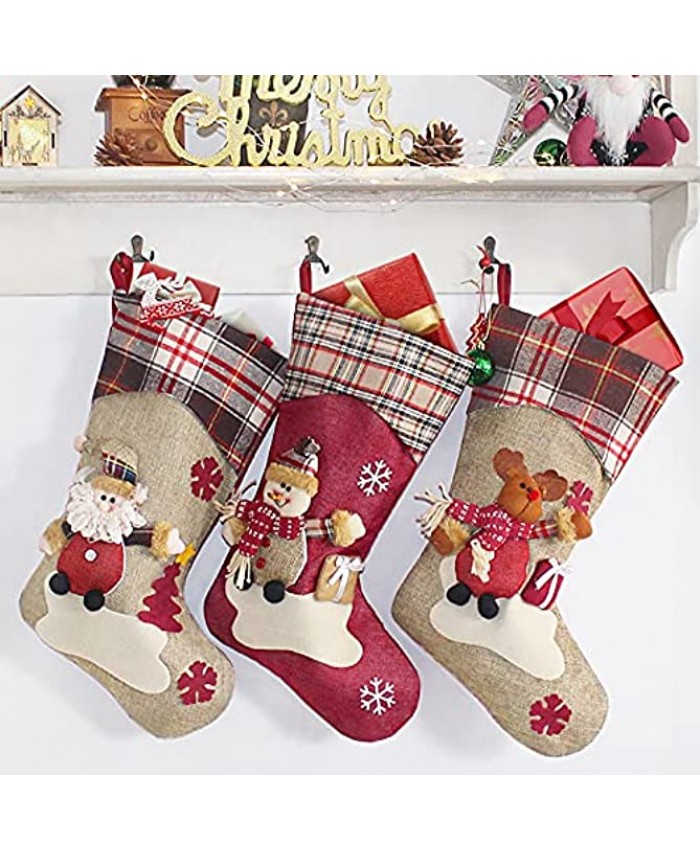 Christmas Stockings 3 Pack Xmas Stockings with 3D Santa Snowman Reindeer Plaid Christmas Stocking Personalized for Decorations Trees Wall Classic Stocking Decorations for Holiday & Family Party