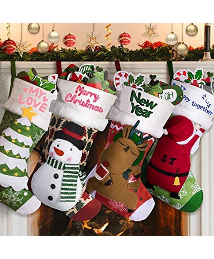 Christmas Stockings 4Packs with 3 Coloured Pens Personalized 18" Xmas Large Stockings with Santa Snowman Elk Christmas Tree Handmade 3D Plush for Christmas Decorations