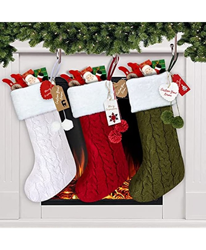 Christmas Stockings with Personalized Christmas Tags50-3 Pack 18" Large Cable Knitted Christmas Stocking with Plush Faux Fur Personalized Xmas Indoor Decorations-Party Home Decor for Family Holiday