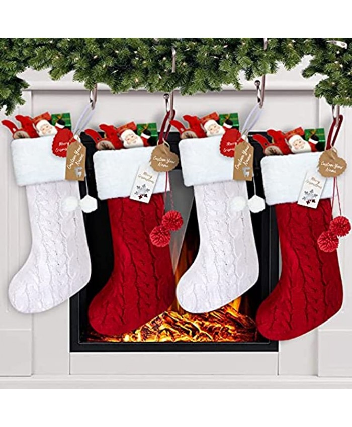 Christmas Stockings with Personalized Christmas Tags50- Extra thick 118g Pc18" Large Cable Knit stockings with Plush Faux Fur Xmas Indoor Decorations-Party Home Decor for Family Holidayset of 4