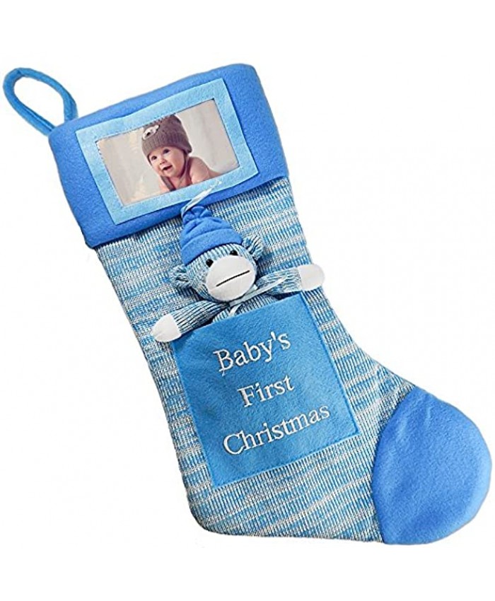 Gift Boutique Baby's First Christmas Stocking Baby Boy Stocking with Removable Soft Toy with Picture Frame Personalize It with Your Baby's Photo! Blue