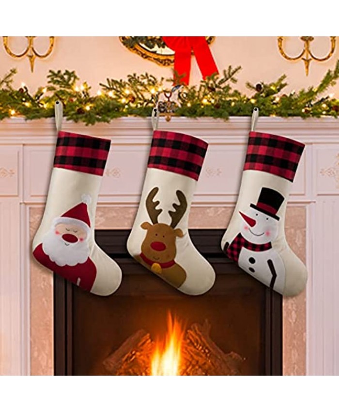 habibee Christmas Stockings Set of 3 18 Inches Burlap Large Size Stockings with Santa Snowman Reindeer Pattern for Christmas Decoration Gifts for Kids