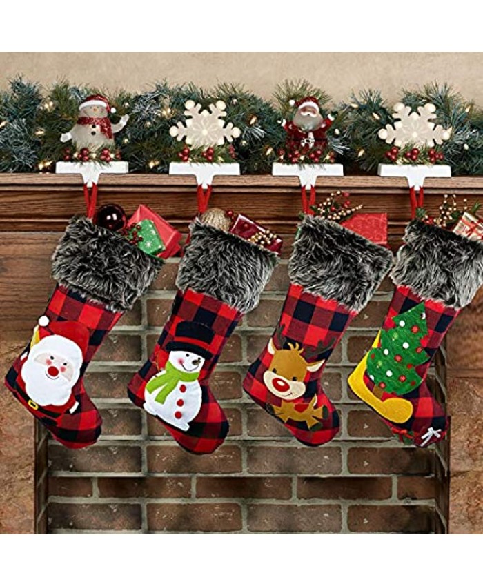 Hiquaty Christmas Stockings Plaid 4 Pack 18 Inches Burlap Stocking Plaid Style with Santa Snowman Reindeer Tree Xmas Stockings Plush Faux Fur Cuff Stockings Fireplace Hanging Christmas Decorations