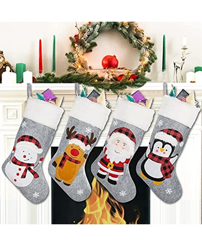 Hoojo Christmas Stockings Decorations 4 Pack 18 inches Large Christmas Cute Family Stockings for Xmas Holiday Christmas Tree Fireplace