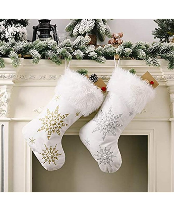 IngTall 2 Pack White Christmas Stockings 20 Inch Gold and Silver Embroidery Snowflake Stockings with Faux Fur Cuff for Fireplace Hanging Tree Ornaments Christmas Decoration
