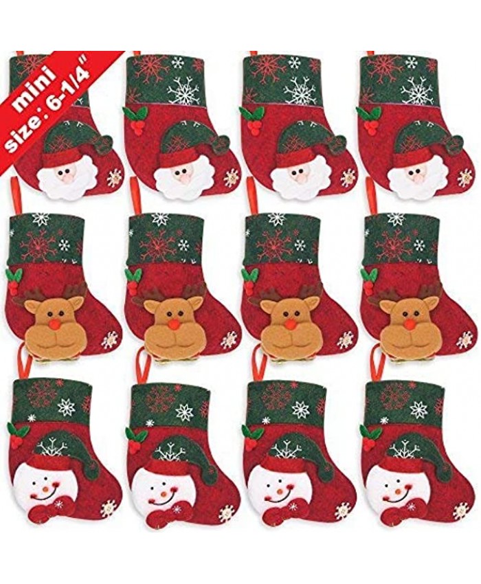 Ivenf Christmas Mini Stockings 12 Pcs 6.25 inches Felt with 3D Santa Snowman Gift Card Silverware Holders Bulk Treats for Neighbors Coworkers Kids Cats Dogs Small Rustic Red Xmas Tree Set