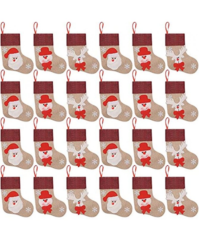 Ivenf Christmas Mini Stockings 24 Pcs 7 inches Burlap 3D Santa Snowman Reindeer Stockings Gift Card Silverware Holders Bulk Treats for Neighbors Coworkers Cats Dogs Small Rustic Xmas Tree Decor