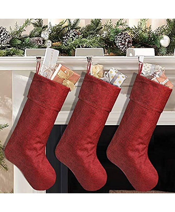 Ivenf Christmas Stockings 3 Pcs 18 inches Burgundy Burlap with Double Layer Lining Stockings for Family Holiday Xmas Party Decorations